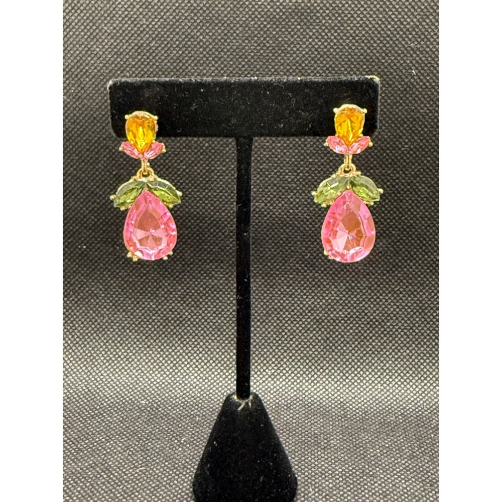 Pink Yellow Green Crystal Floral Drop Earrings Gold Tone Pear Cut Statement